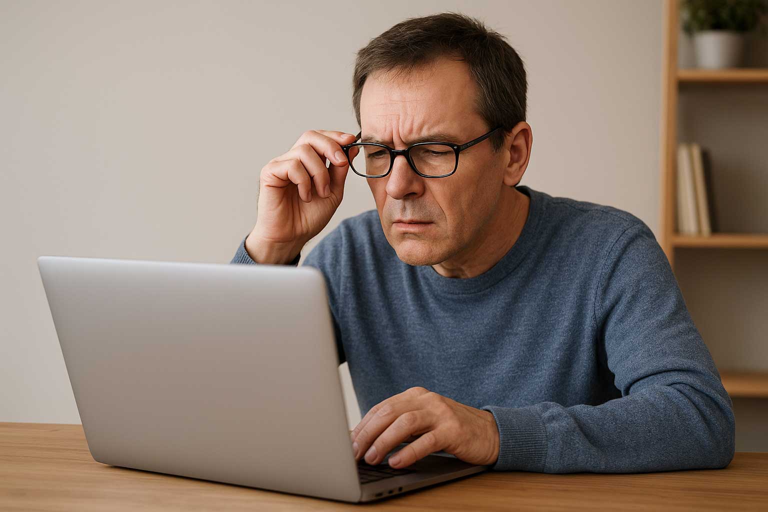 Barrierefreiheit: Mann mit sichtlichen Sehproblemen sitzt vor seinem Notebook und versucht mit Brille zu lesen Barrierefreiheit: Mann mit sichtlichen Sehproblemen sitzt vor seinem Notebook und versucht mit Brille zu lesen