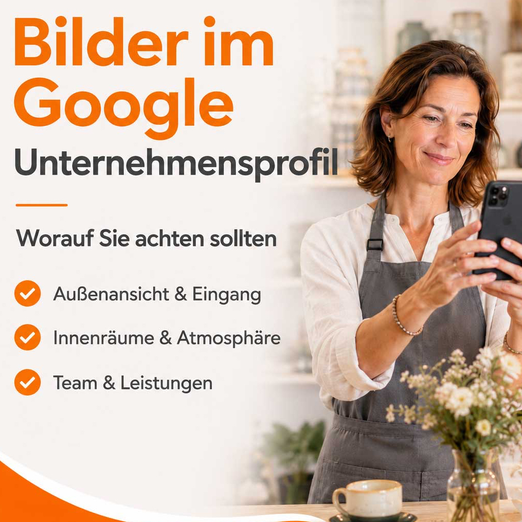Frau erstellt Bilder für ihr Google Unternehmensprofil mit Hinweisen zu Außenansicht, Innenräumen und Leistungen.