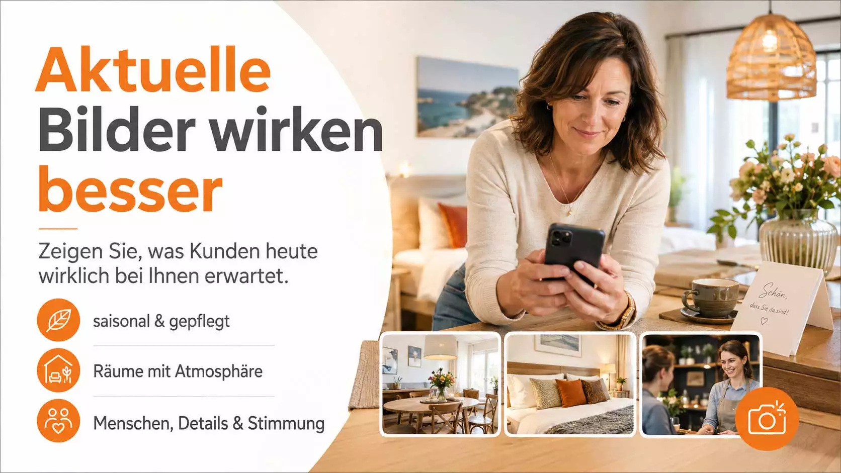 Frau prüft aktuelle Bilder für ihr Google Unternehmensprofil, um Räume, Atmosphäre und Details sichtbar zu machen.
