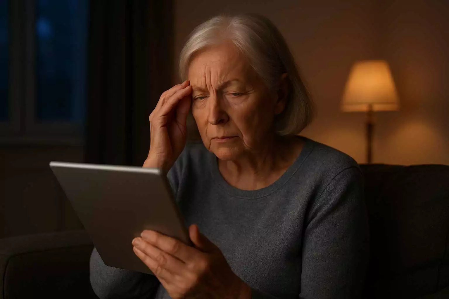 Webseiten für jeden zugänglich machen - Barrierefreiheit: eine ältere Frau sitzt in der Dämmerung mit Ihren Tablet und versucht sichtlich angestrengt, zu lesen.