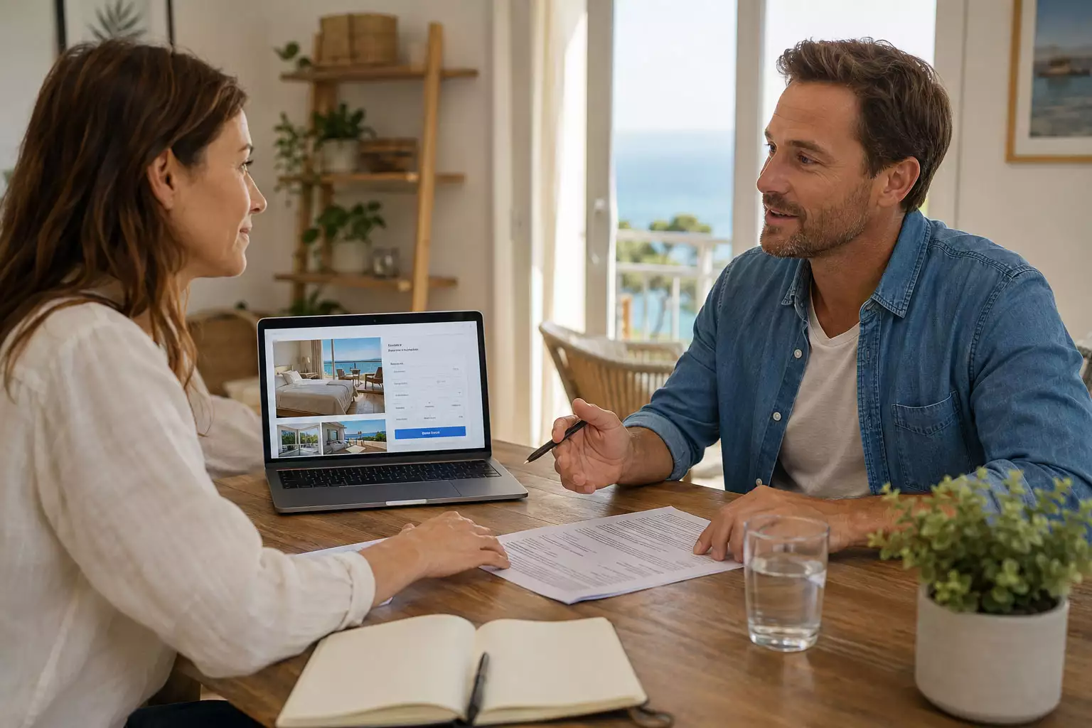 Beratungsgespräch zur Online-Buchung einer Ferienwohnung mit Laptop, Buchungsmaske und Unterlagen.
