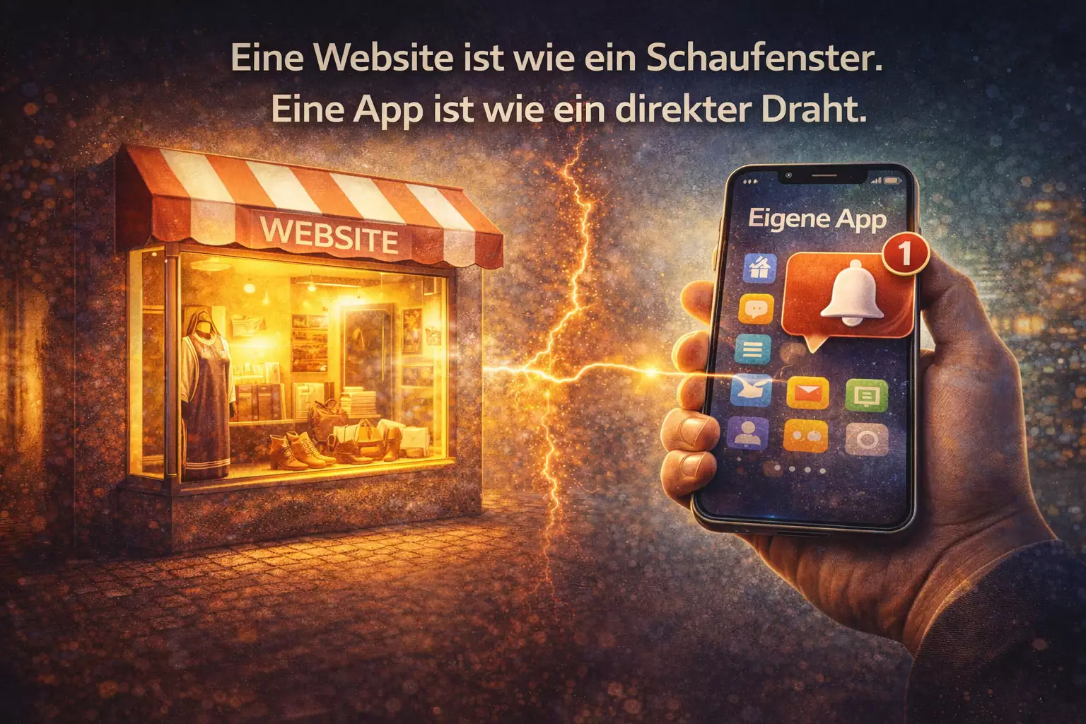 Vergleich zwischen Website und eigener PWA-App: Eine Website als Schaufenster und eine App als direkter Draht zum Kunden durch Push-Nachrichten