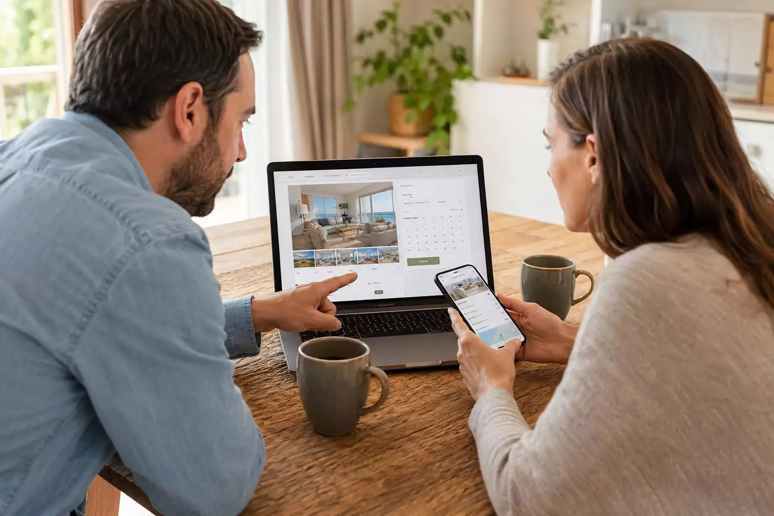 Ein Paar schaut auf Laptop und Smartphone und prüft die Online-Buchung einer Ferienwohnung.