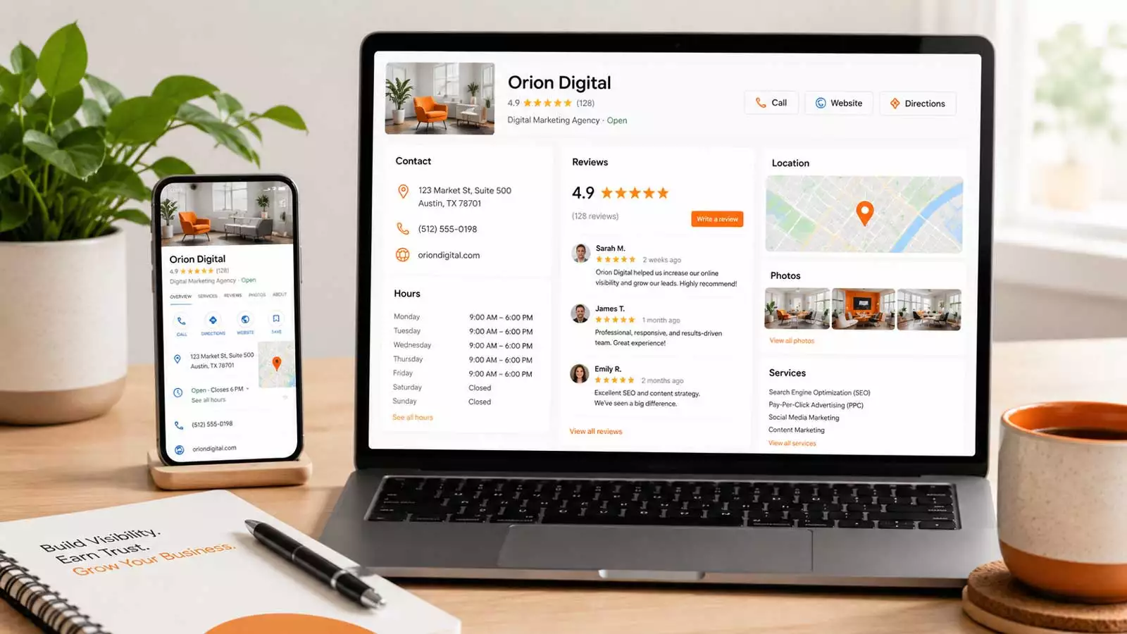 Google Unternehmensprofil auf Laptop und Smartphone mit Informationen zu Bewertungen, Öffnungszeiten, Standort und Leistungen.