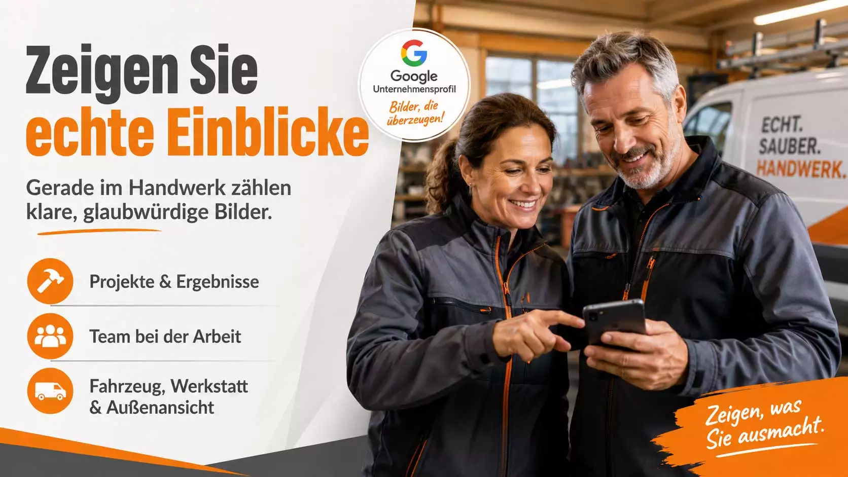 Unternehmerpaar aus dem Handwerk wählt gemeinsam Bilder für ein glaubwürdiges Google Unternehmensprofil aus.