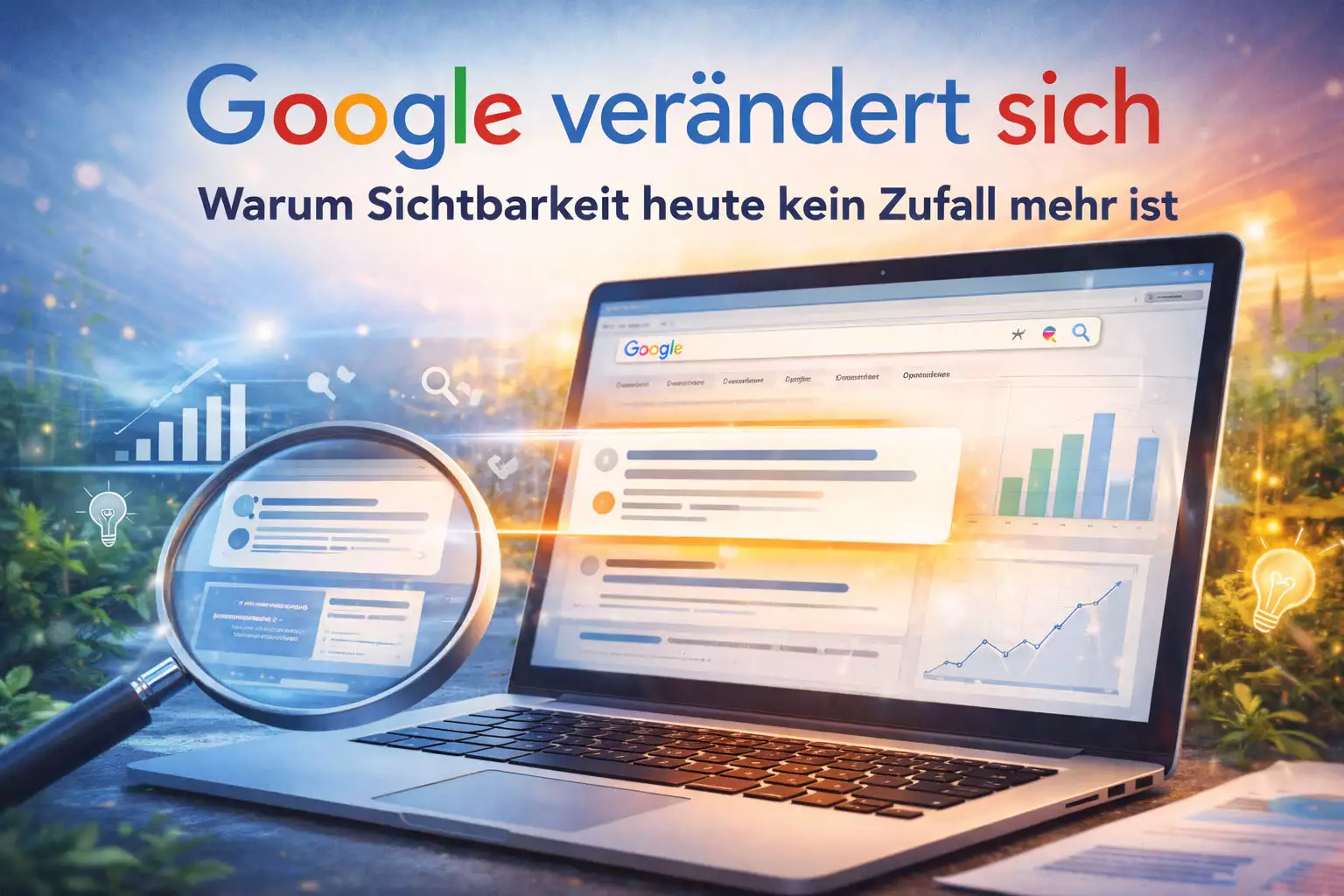 Illustration zeigt Google-Suche im Wandel mit Laptop, Lupe und Diagrammen – Sinnbild für veränderte Suchergebnisse, KI und gezielte Website-Sichtbarkeit