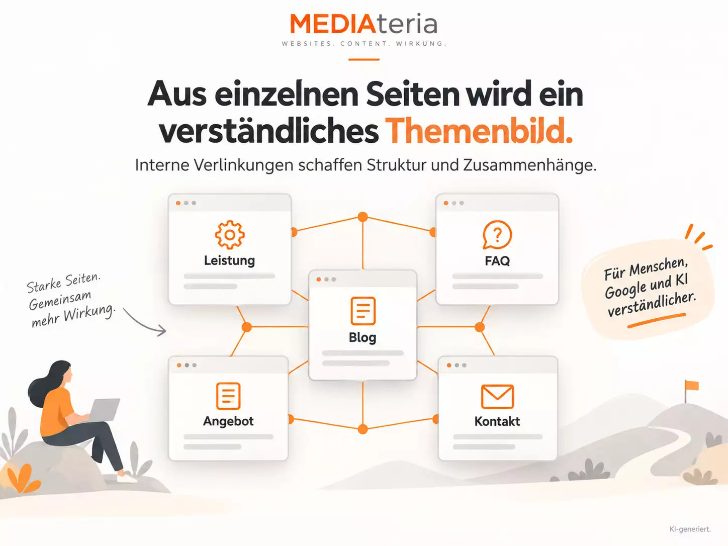 Grafische Darstellung verknüpfter Website-Inhalte mit den Bereichen Leistung, FAQ, Blog, Angebot und Kontakt. Die Grafik zeigt, wie interne Verlinkungen ein verständliches Themenbild schaffen.