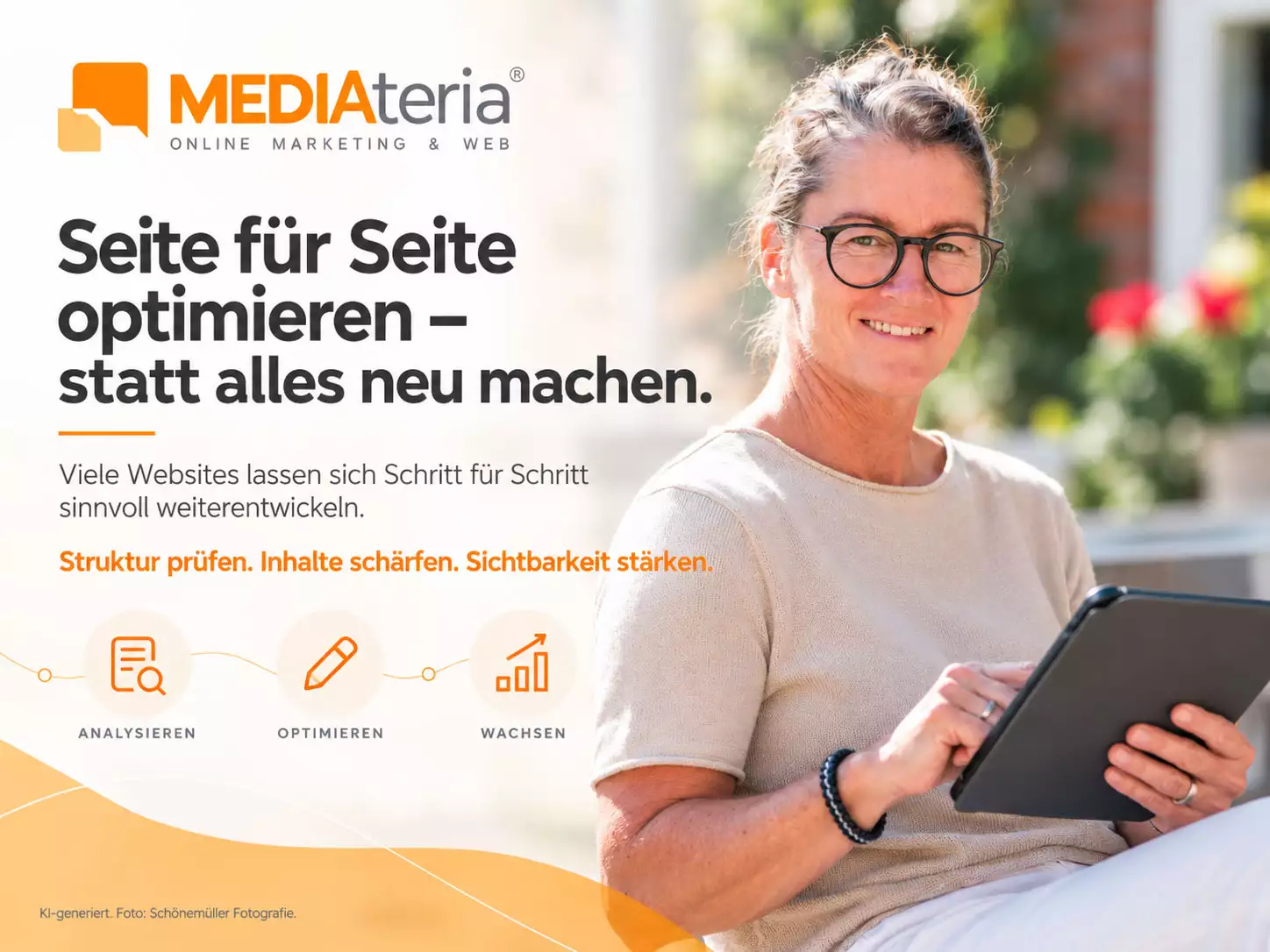 Ines Preißer von MEDIAteria mit Tablet. Die Grafik zeigt, dass Websites Schritt für Schritt optimiert werden können, statt sie komplett neu zu erstellen.