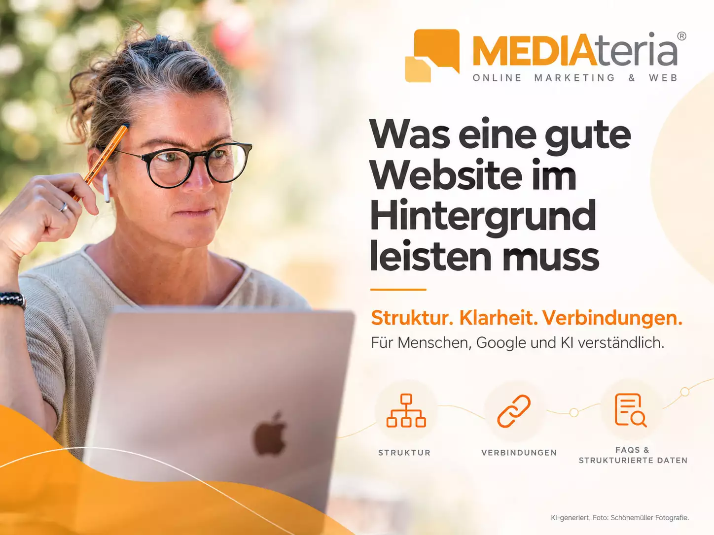 Ines Preißer von MEDIAteria am Laptop. Die Grafik zeigt Struktur, Verbindungen, FAQs und strukturierte Daten als wichtige Grundlagen für eine verständliche Website.