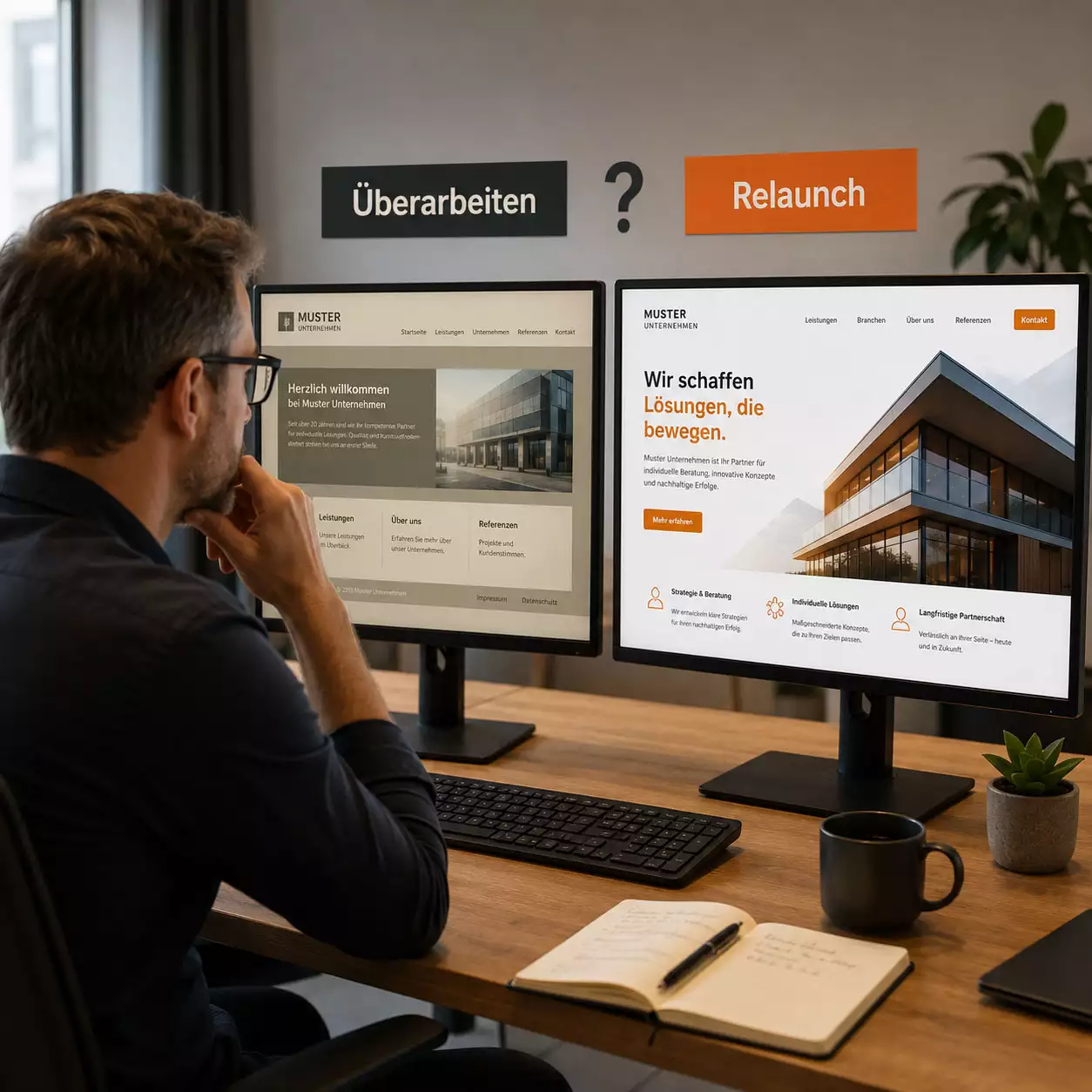 Unternehmer vergleicht eine bestehende Website mit einem modernen Website-Relaunch.
