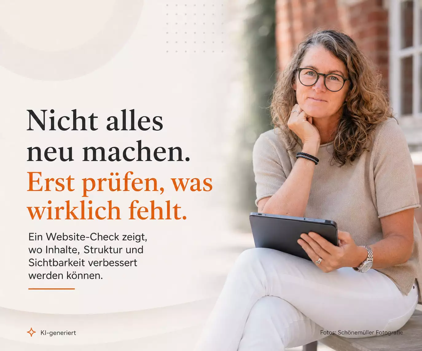 Ines Preißer mit Tablet und dem Hinweis, vor einem Relaunch erst den tatsächlichen Optimierungsbedarf zu prüfen.