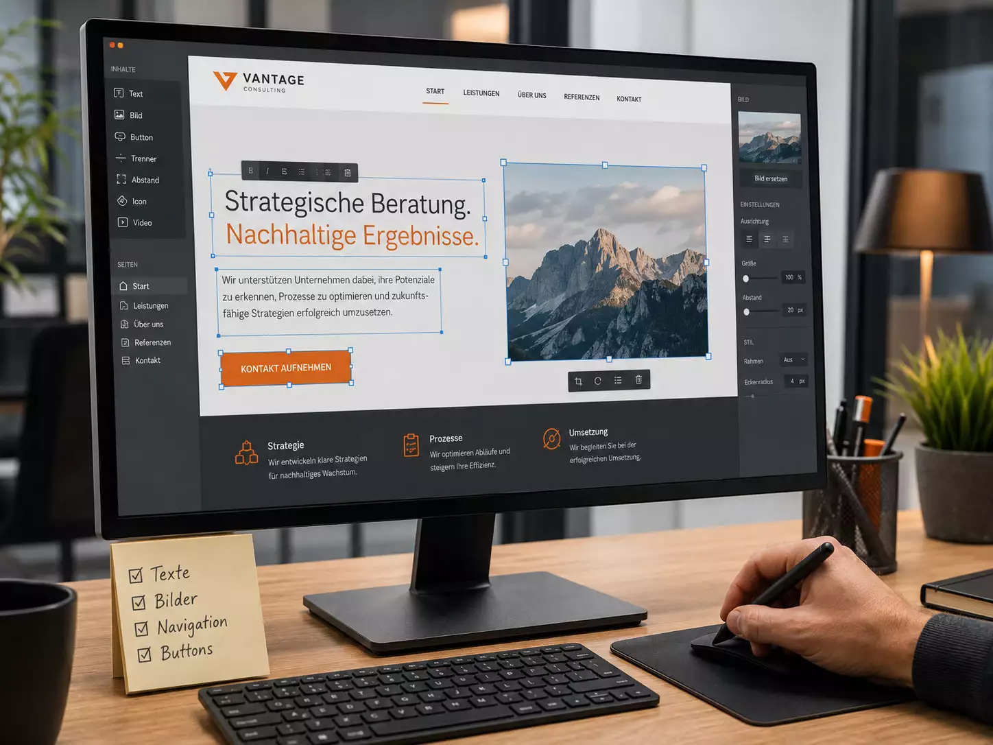 Bestehende Unternehmenswebsite wird durch neue Texte, Bilder, Navigation und Buttons überarbeitet.