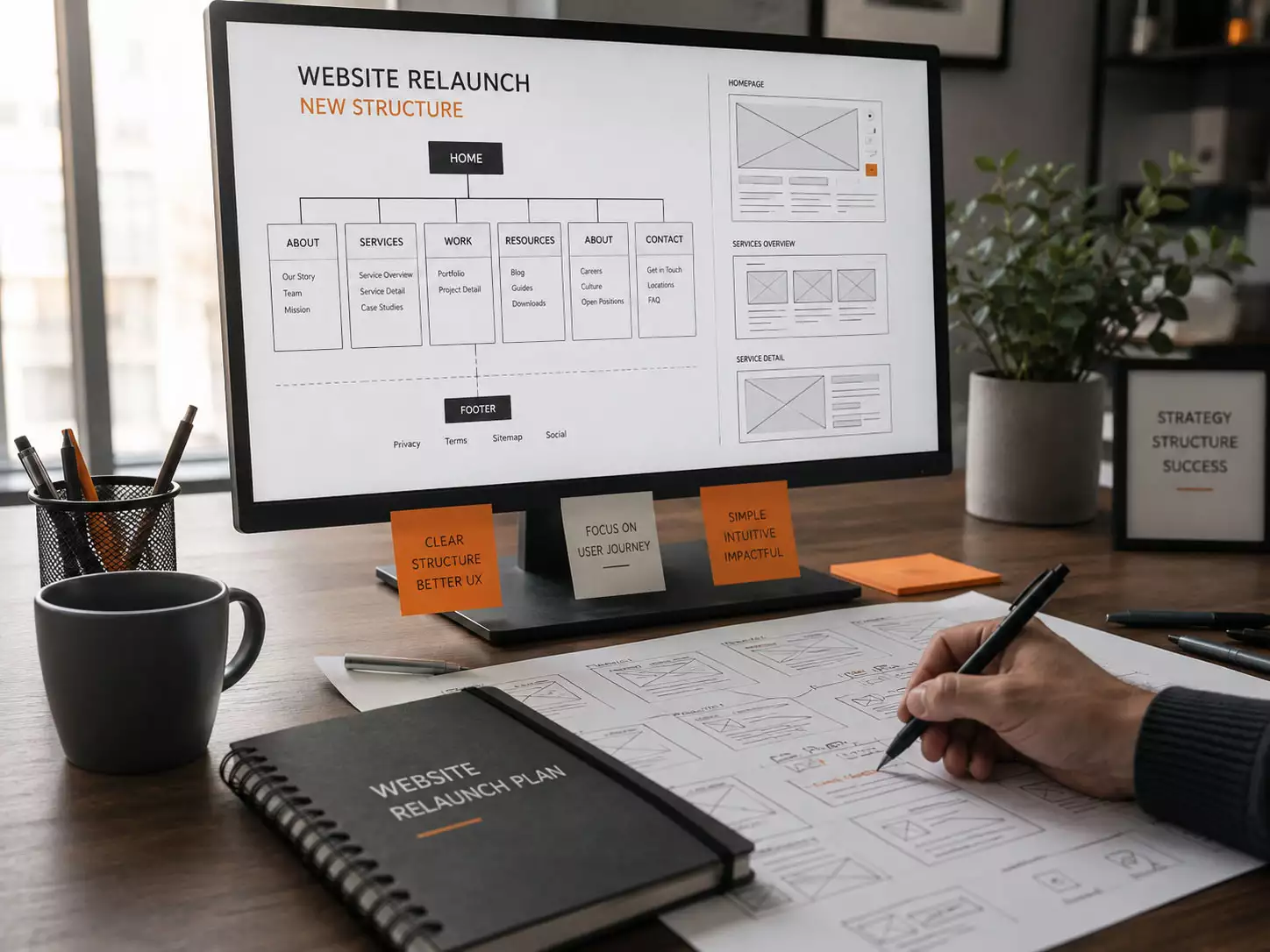 Planung eines Website-Relaunchs mit neuer Seitenstruktur, Wireframes und Nutzerführung.