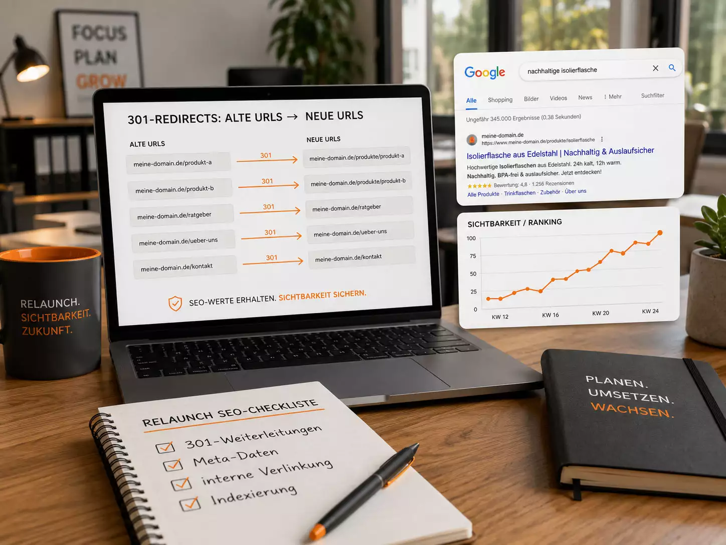 SEO-Plan für einen Website-Relaunch mit 301-Weiterleitungen, Meta-Daten und Indexierung.