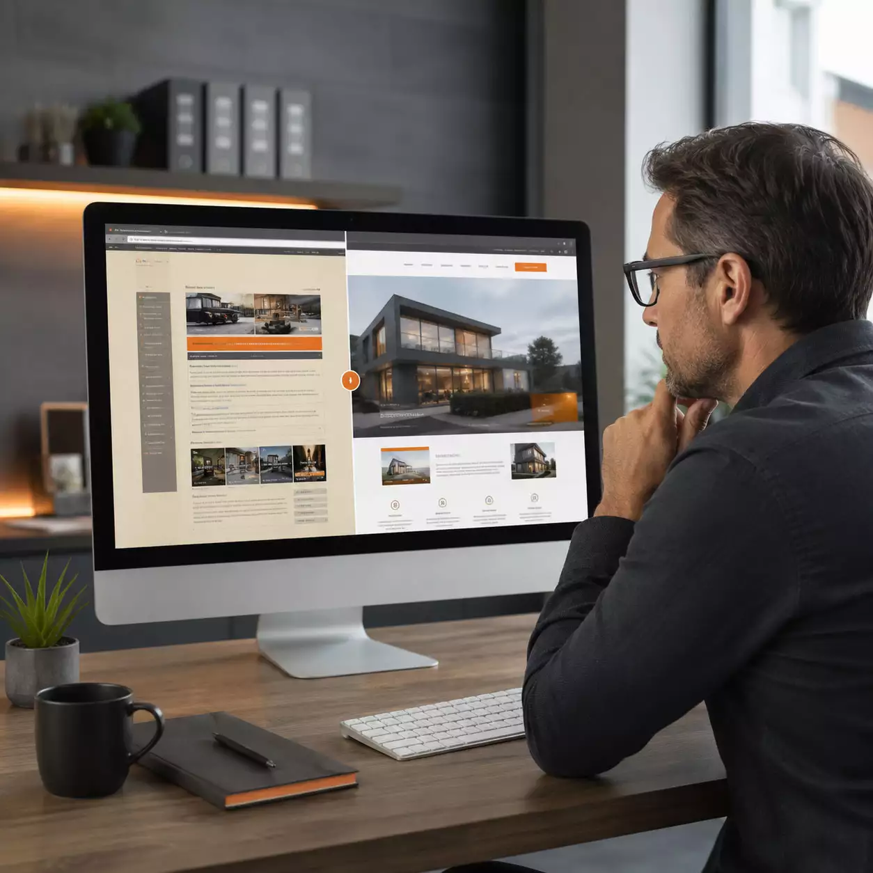 Unternehmer vergleicht eine veraltete Website mit einer modernen überarbeiteten Website.