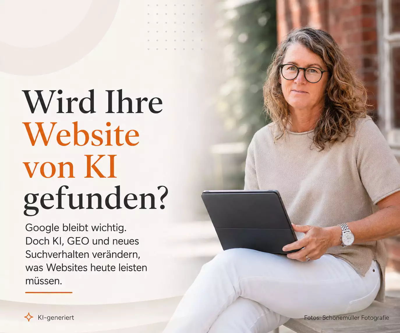 Ines Preißer mit Tablet neben der Frage, ob eine Website von KI gefunden wird.