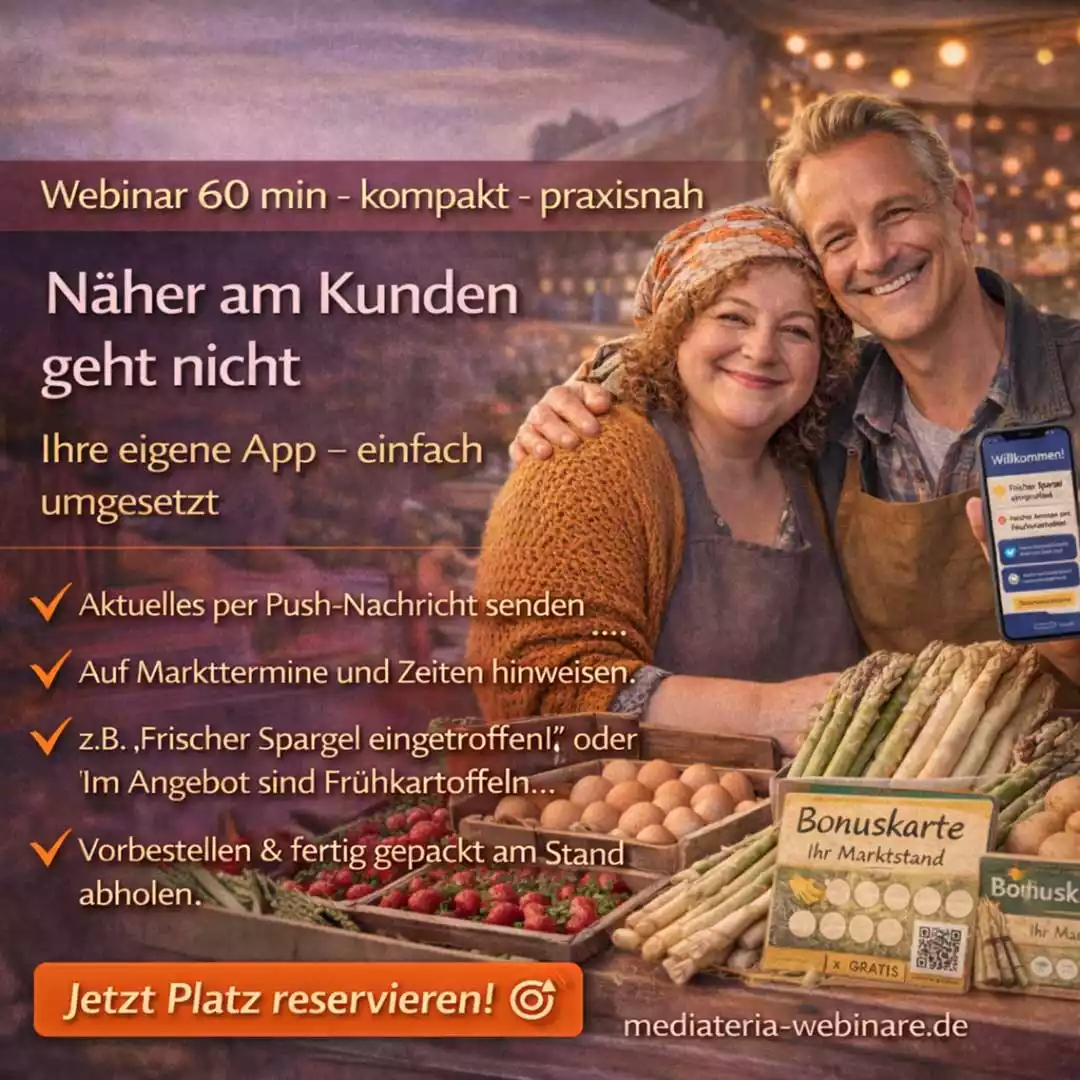 Gemüsehändler auf Wochenmarkt informiert Kunden per App über Standort und Angebote