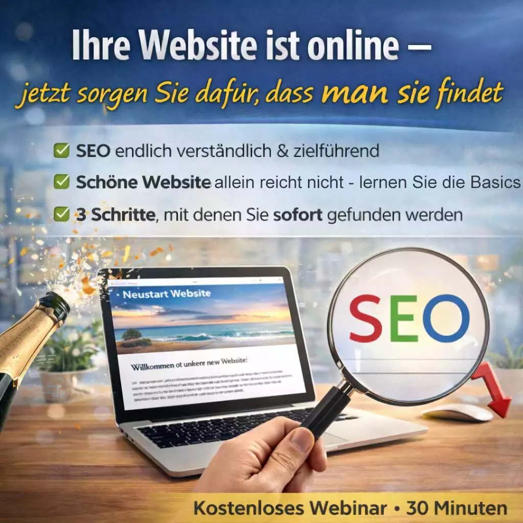 Eine Sektflasche, die knallt, weil die Website - die auf dem Notebook zu sehen ist, online ist - eine Lupe, die auf SEO hinweist
