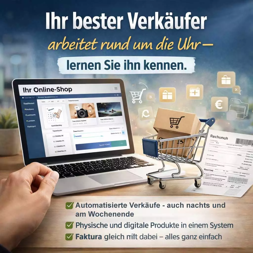 Notebook mit Online-Shop und Warenkorb sowie einer Rechnung auf einem Schreibtisch