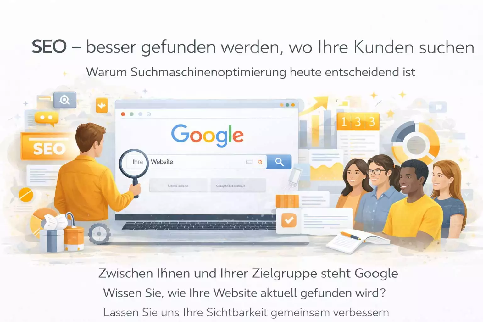 Illustration zur Suchmaschinenoptimierung: bessere Sichtbarkeit bei Google durch SEO-Analyse