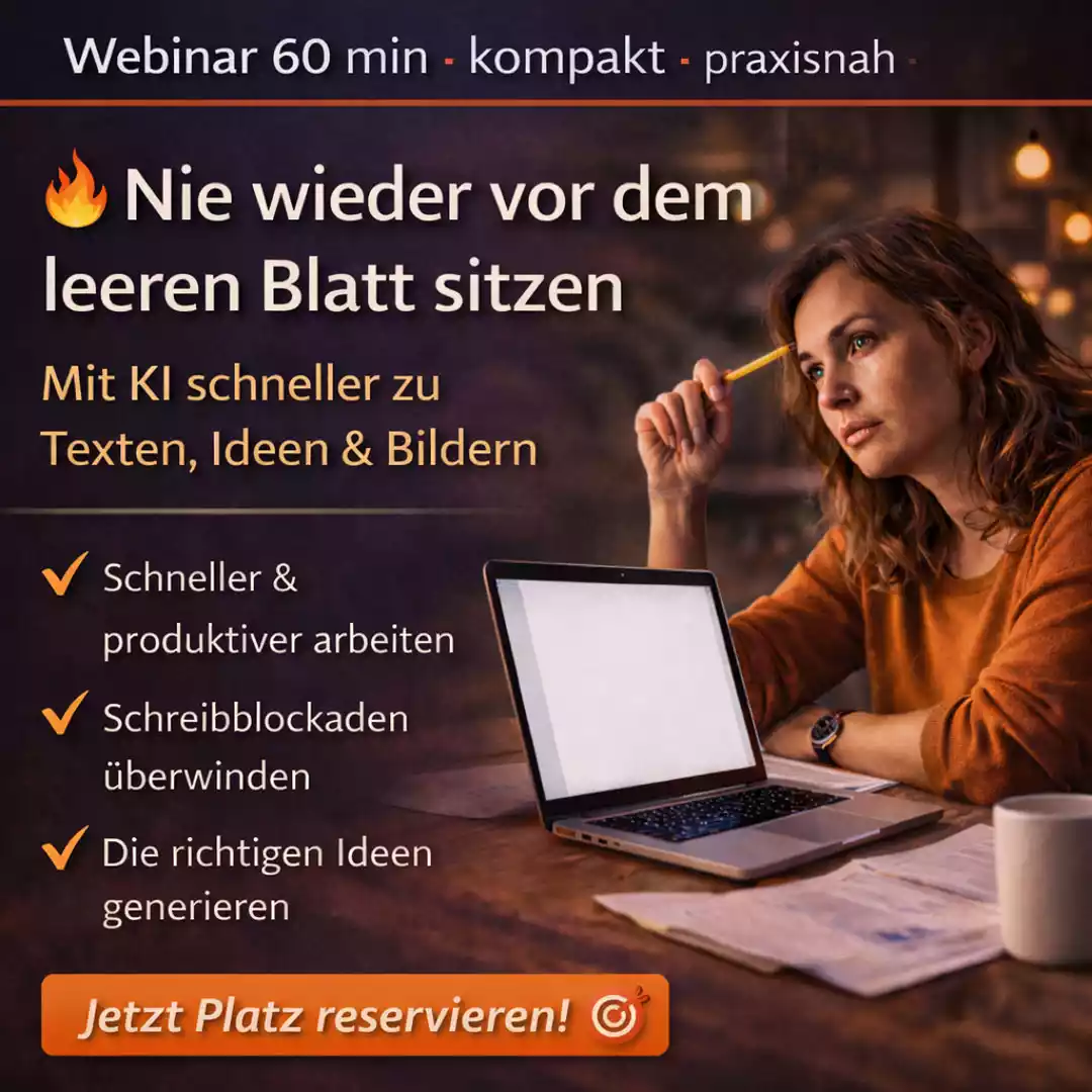 Frau sitzt nachdenklich am Schreibtisch und erstellt mit KI Texte und Bilder für Marketing