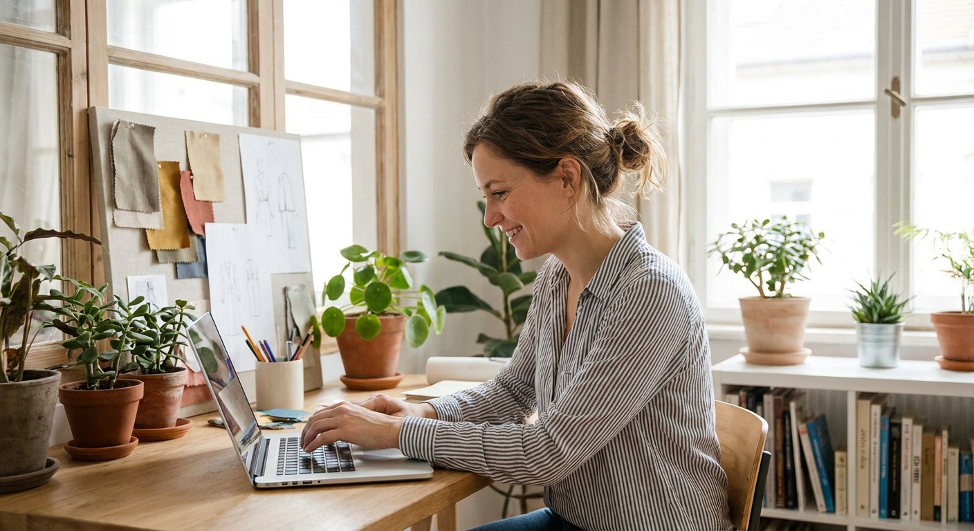 Selbstständige Designerin am Laptop