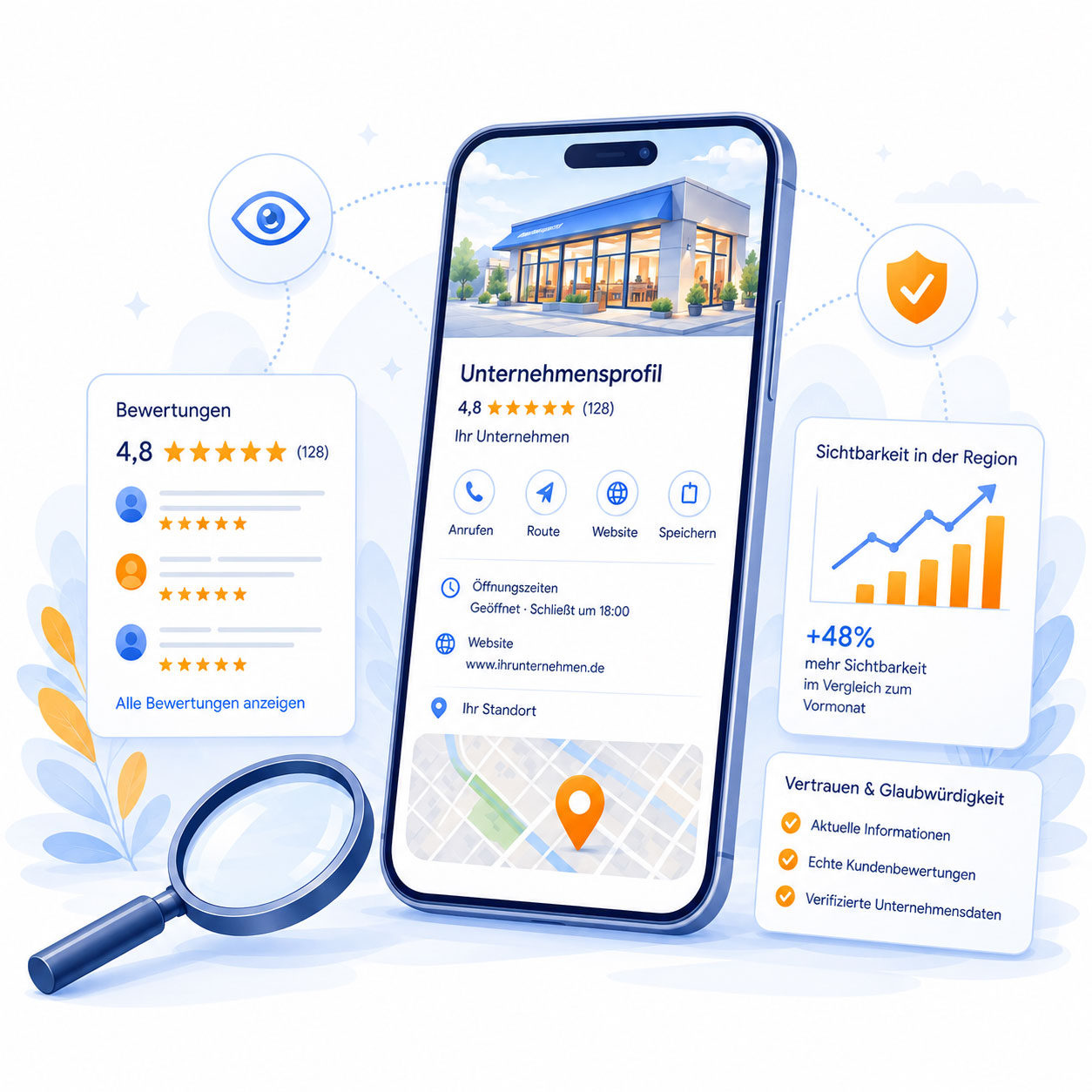 Grafik zum Google-Unternehmensprofil als wichtiger Baustein für lokale Sichtbarkeit, Vertrauen, Bewertungen und Kundenkontakte.