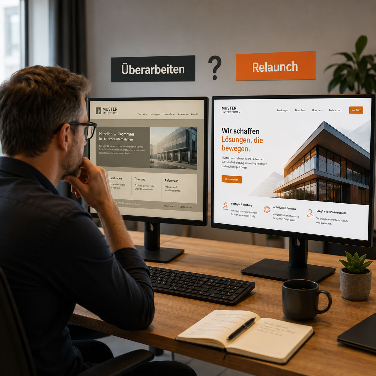 Unternehmer vergleicht eine bestehende Website mit einem modernen Website-Relaunch. Unternehmer vergleicht eine bestehende Website mit einem modernen Website-Relaunch.