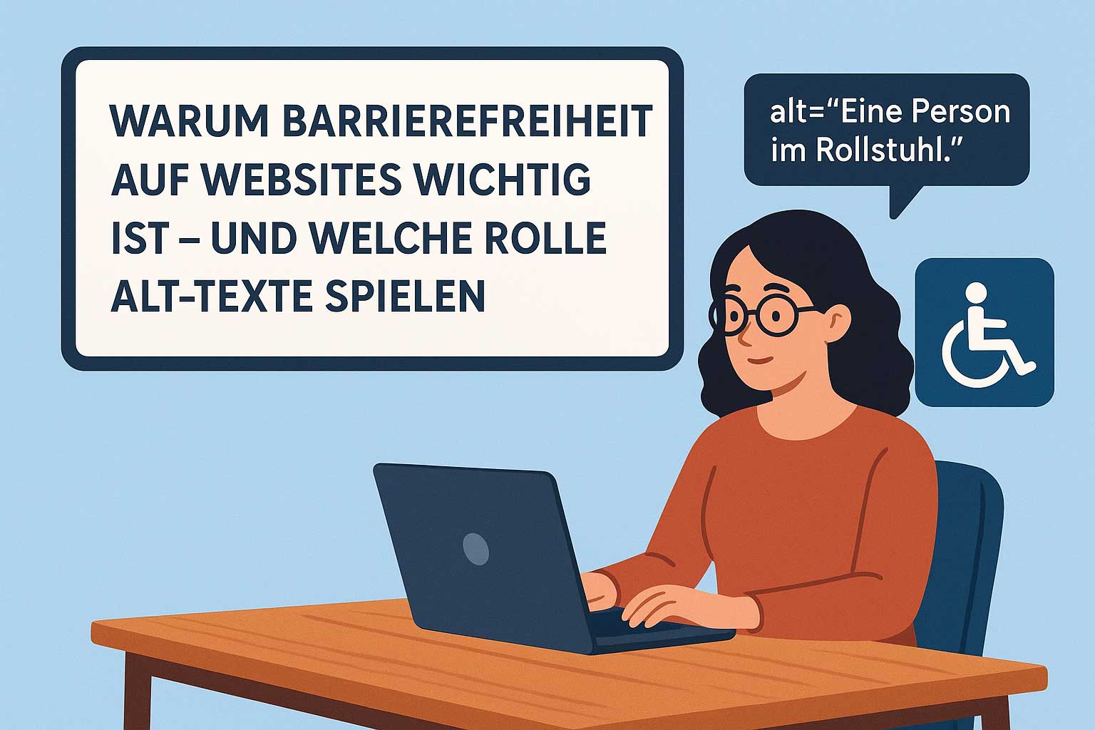 Grafische Illustration: Eine Frau sitzt am Laptop, daneben ein Rollstuhlsymbol und Text, der die Bedeutung von Barrierefreiheit und Alt-Texten auf Websites erklärt.