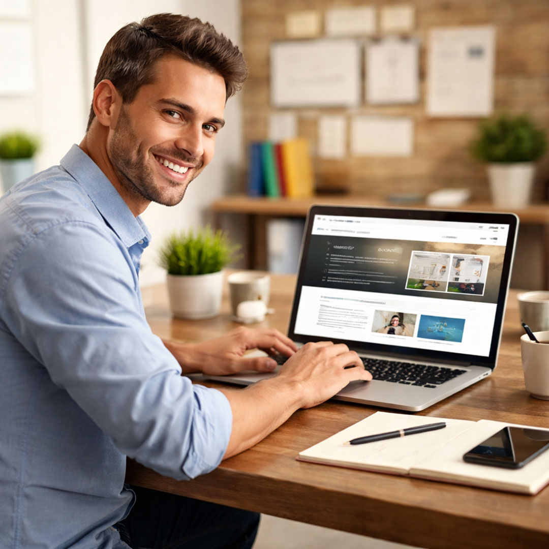 Gründer arbeitet am Laptop an seiner ersten professionellen Website in einer modernen Arbeitsumgebung