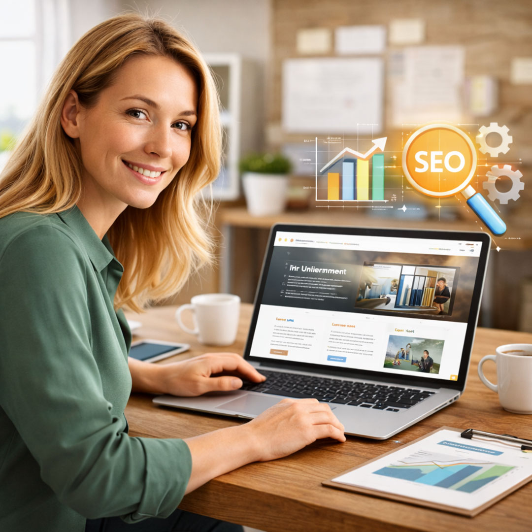 Unternehmerin arbeitet am Laptop an einer strukturierten Website mit Suchmaschinenoptimierung und Analyse-Elementen