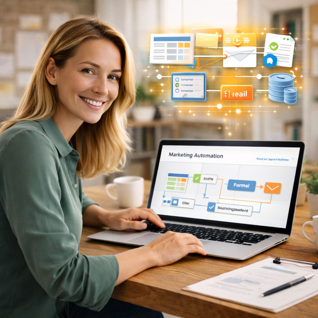 Unternehmerin nutzt Marketing-Automation und digitale Workflows zur Verbindung von Website, Formularen und E-Mail-Prozessen
