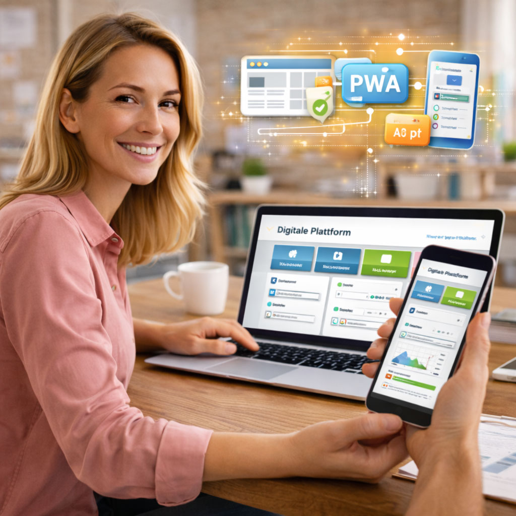 Unternehmerin arbeitet an einer digitalen Plattform mit mobiler PWA App zur Steuerung von Inhalten und automatisierten Prozessen