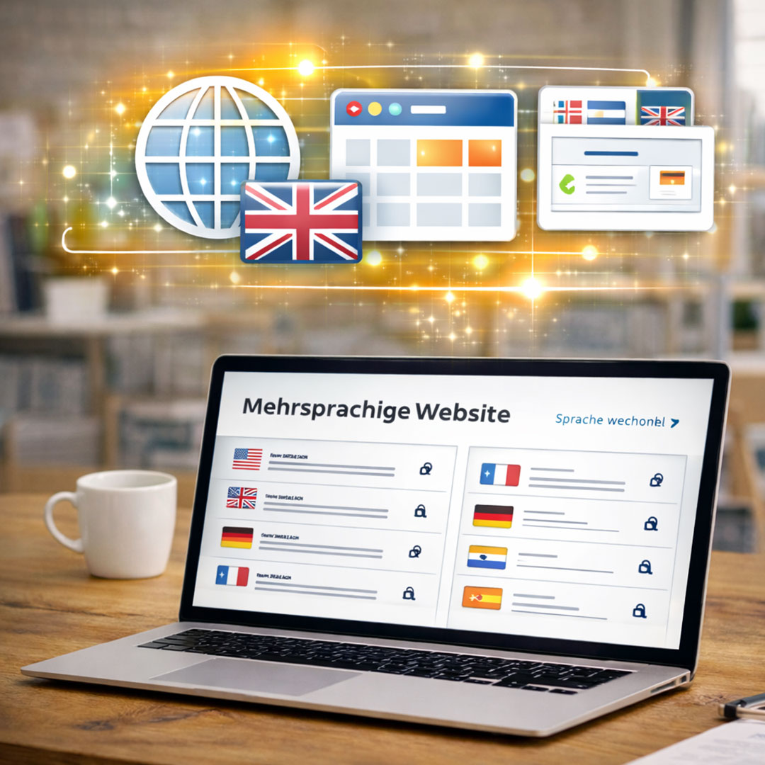 Mehrsprachige Website mit Sprachumschaltung und internationalen Sprachversionen auf einem Laptop dargestellt