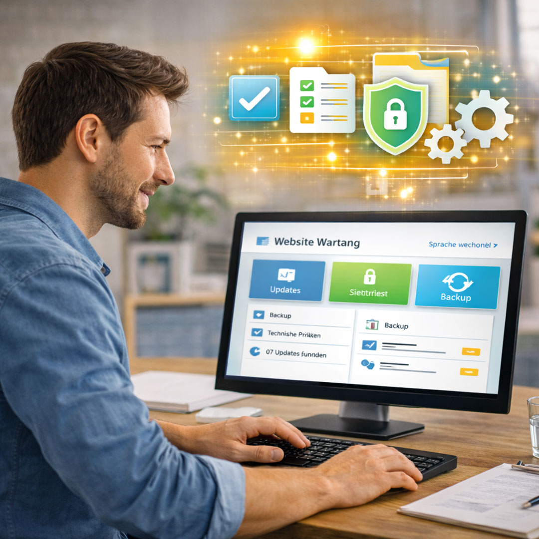 Unternehmer überprüft Website-Wartung, Sicherheitsfunktionen und Backups über ein zentrales System