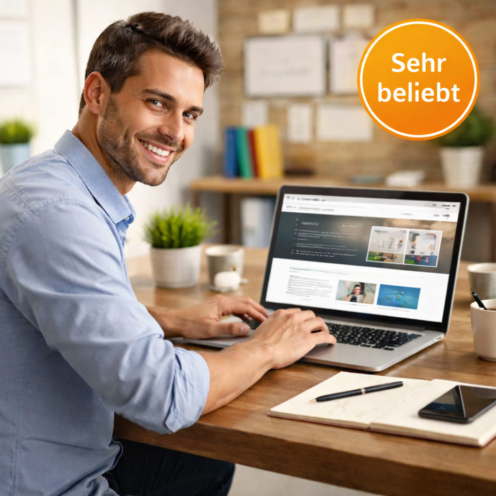 Gründer arbeitet am Laptop an seiner ersten professionellen Website in einer modernen Arbeitsumgebung