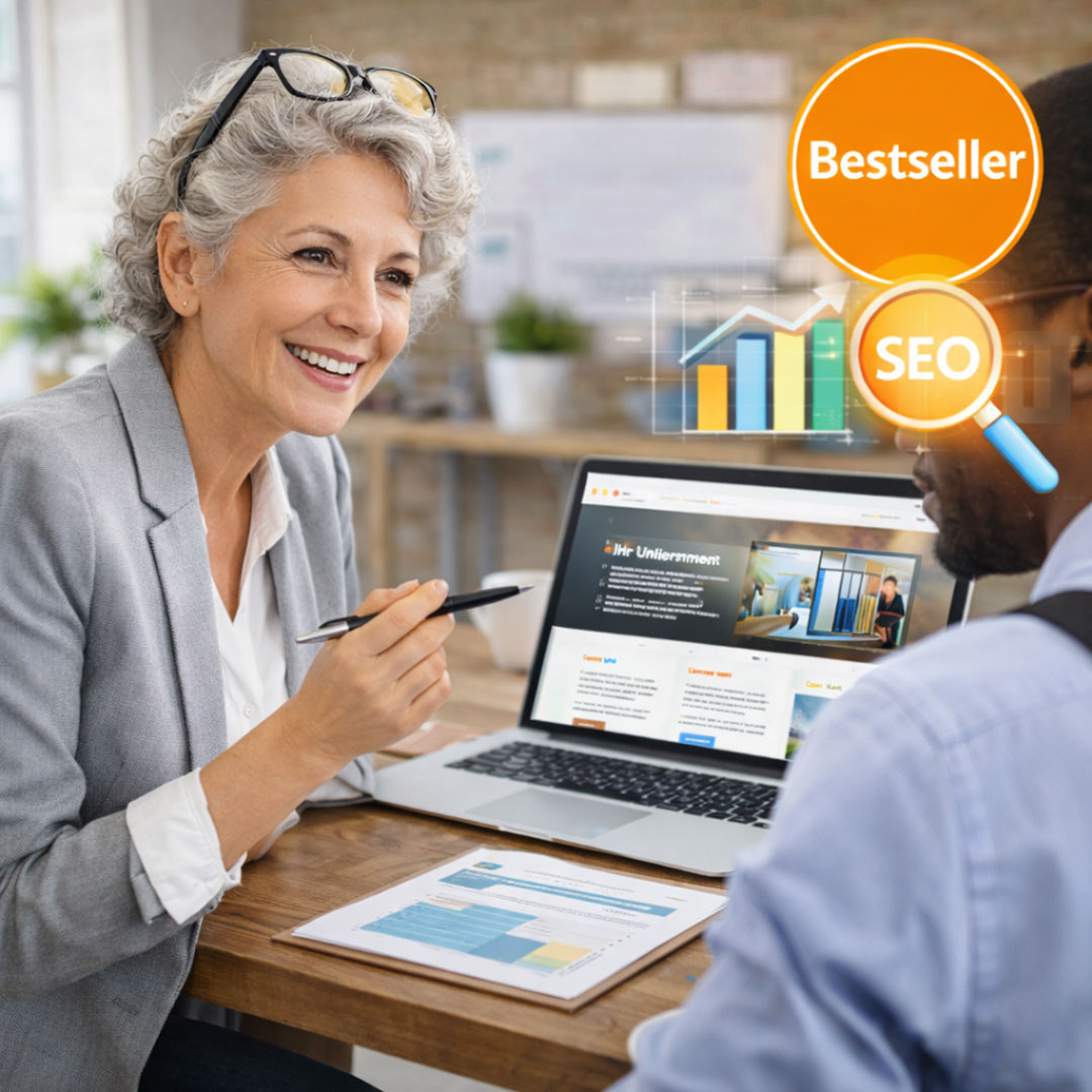 Unternehmerin arbeitet am Laptop an einer strukturierten Website mit Suchmaschinenoptimierung und Analyse-Elementen