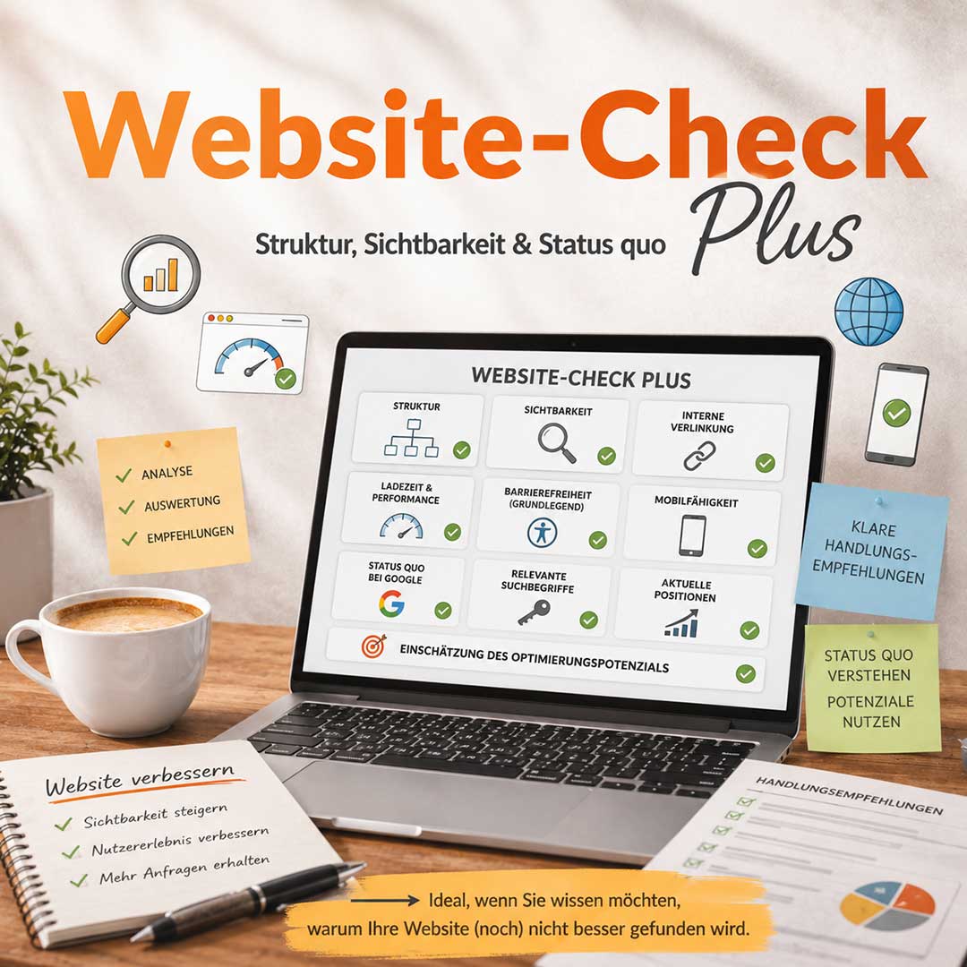 Bild zum Website-Check Plus mit Laptop, Analysepunkten, Sichtbarkeit, Performance, Barrierefreiheit und Handlungsempfehlungen.