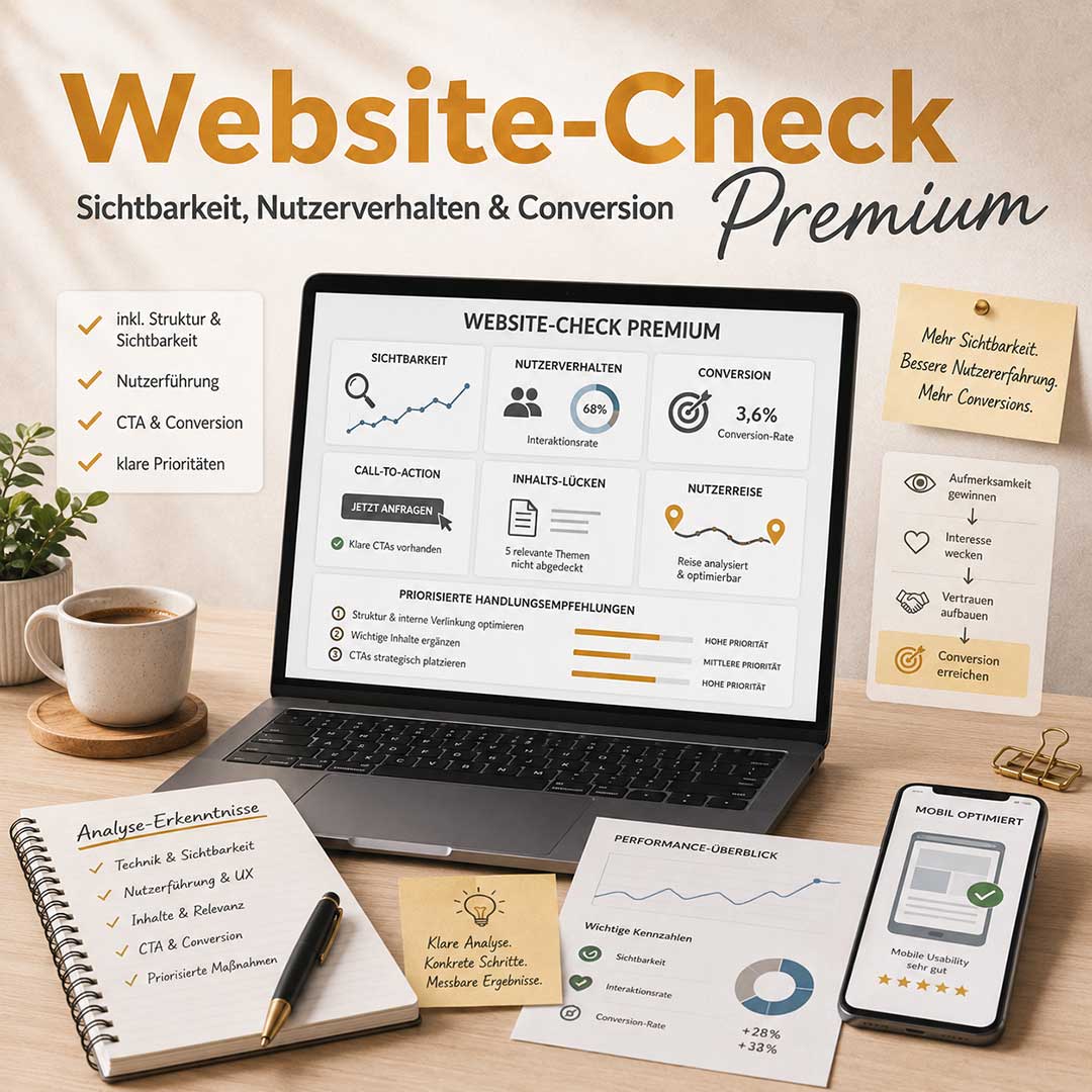 Bild zum Website-Check Premium mit Laptop, Analyse-Dashboard, Sichtbarkeit, Nutzerverhalten, Conversion, CTA-Prüfung und priorisierten Handlungsempfehlungen.