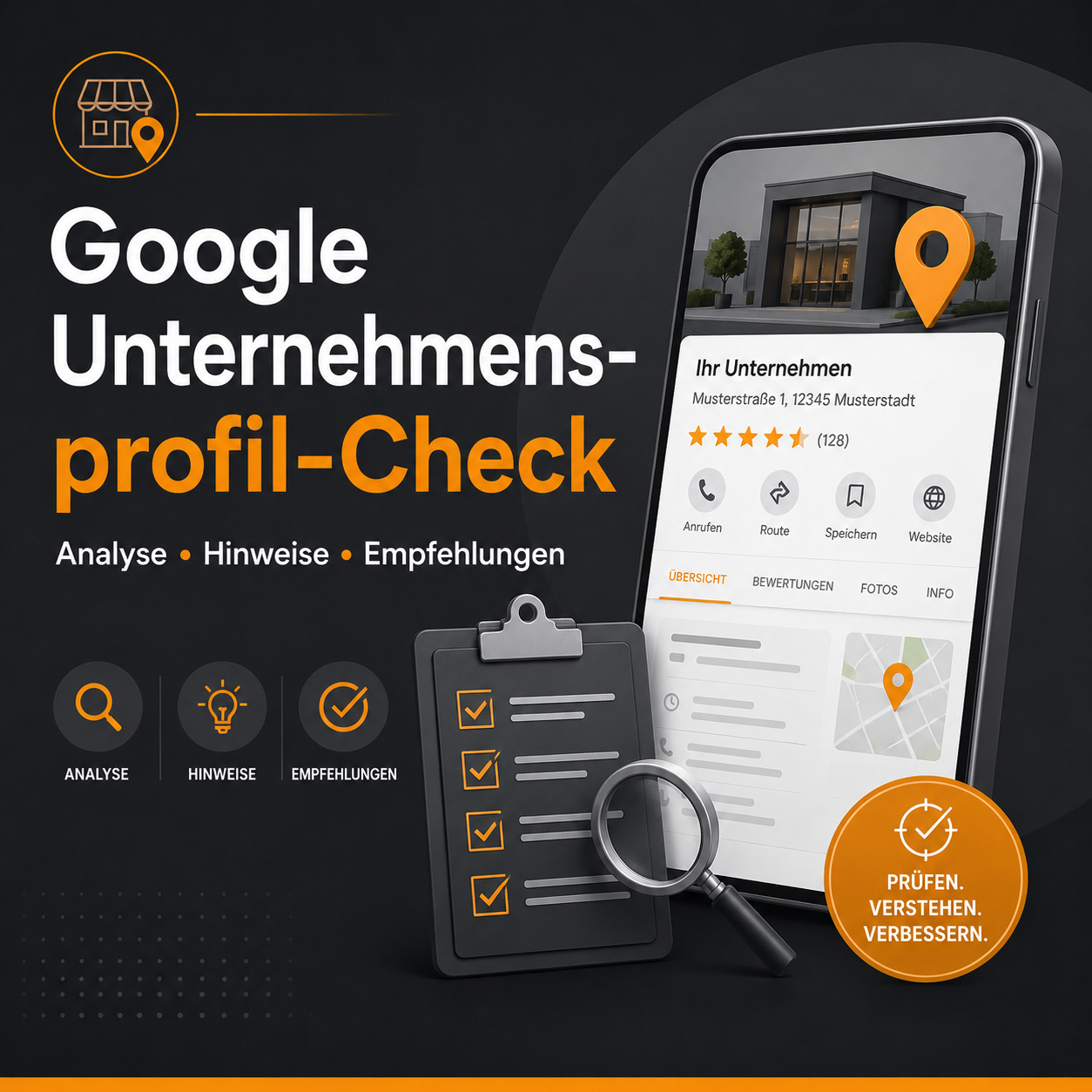Grafik zum Google Unternehmensprofil-Check mit Smartphone, Standort-Pin, Sternebewertung, Checkliste und Lupe zur Analyse des Profils.