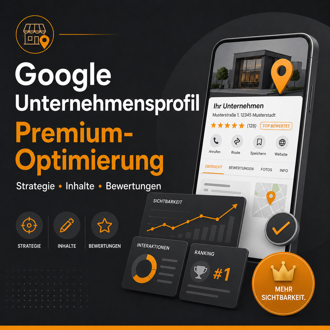 Grafik zur Premium-Optimierung eines Google Unternehmensprofils mit Smartphone, Bewertungen, Analyse-Elementen, Ranking-Symbol und Hinweis auf mehr Sichtbarkeit.